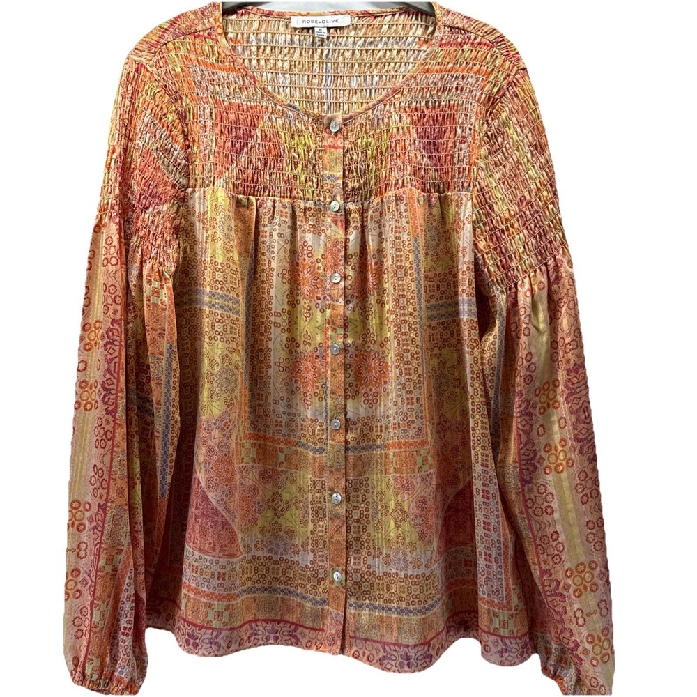 Rose & Olive Women's Top Sz M Semi Sheer Orange Yellow Ruched Bohemian Button Up